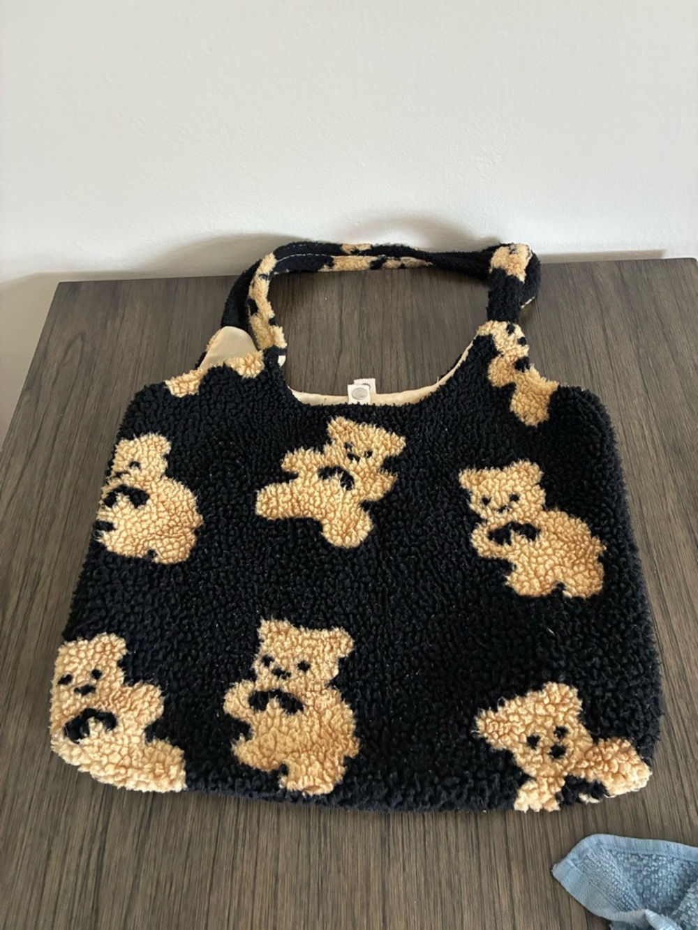 Black Teddy Pattern Fuzzy Tote Bag
